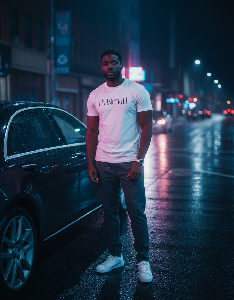 Living Trill — man in a Livingtrill tee beside a car on a rain-lit city street at night